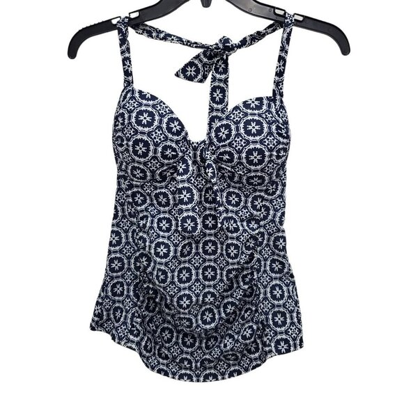 Xhilaration Women's Navy White Geometric Print Ruched Side Halter Swim Tankini S - Picture 1 of 7